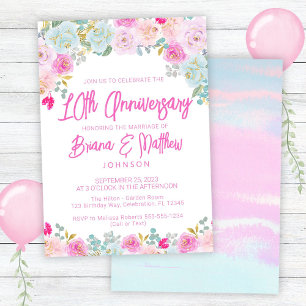 Pink Blue Peach Floral 10. Hochzeitstag Einladung