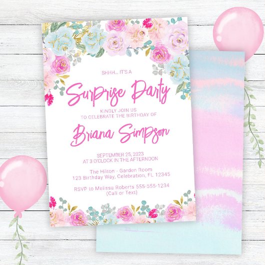 Pink Blue Peach Lila Floral Überraschung Party Einladung