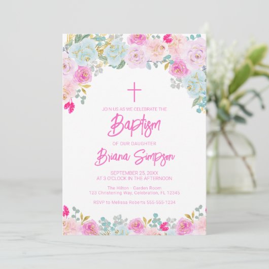 Pink Blue Peach Purple Blumen Blumenblume Taufe Einladung (Stehend Vorderseite)