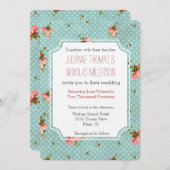 Pink Blue Polka Dots Floral Wedding Einladung (Vorne/Hinten)