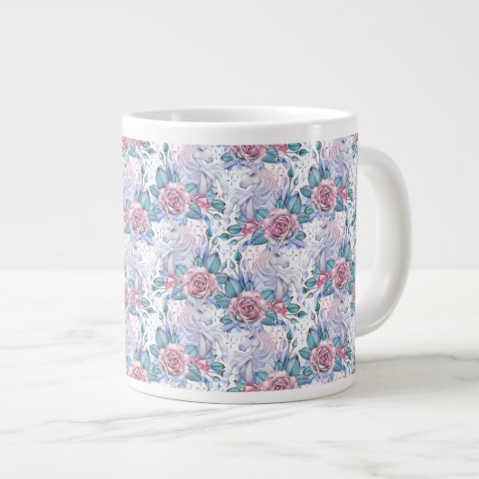 Pink & Blue Rose Muster Jumbo-Tasse (Vorderseite Rechts)
