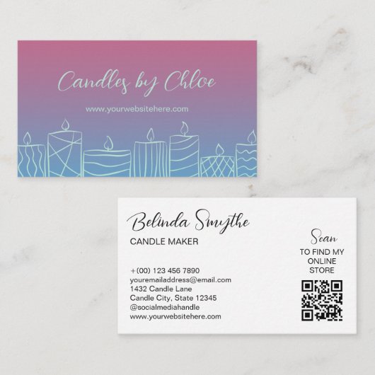 Pink & Blue Scribbled Candles Candle Maker QR Code Visitenkarte (Vorne/Hinten)