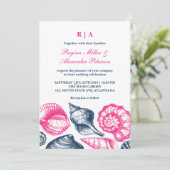 Pink Blue Seashells Beach Einladung zur Hochzeit (Stehend Vorderseite)