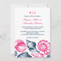 Pink Blue Seashells Beach Einladung zur Hochzeit