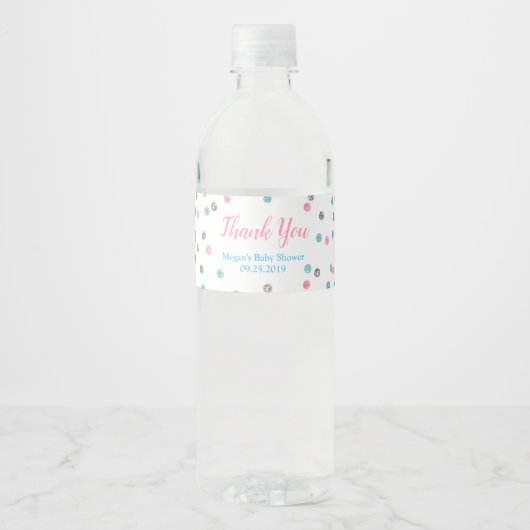 Pink Blue Silver Baby Dusche Wasser Flasche Etiket Wasserflaschenetikett (Vorderseite)