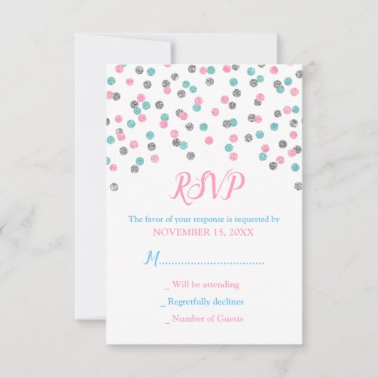 Pink Blue Silver Confetti Baby Dusche RSVP Karten (Vorderseite)