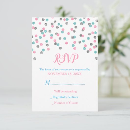 Pink Blue Silver Confetti Baby Dusche RSVP Karten (Stehend Vorderseite)