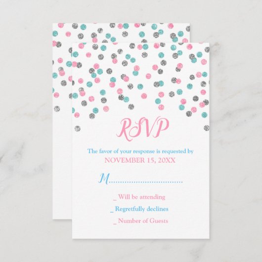 Pink Blue Silver Confetti Baby Dusche RSVP Karten (Vorne/Hinten)
