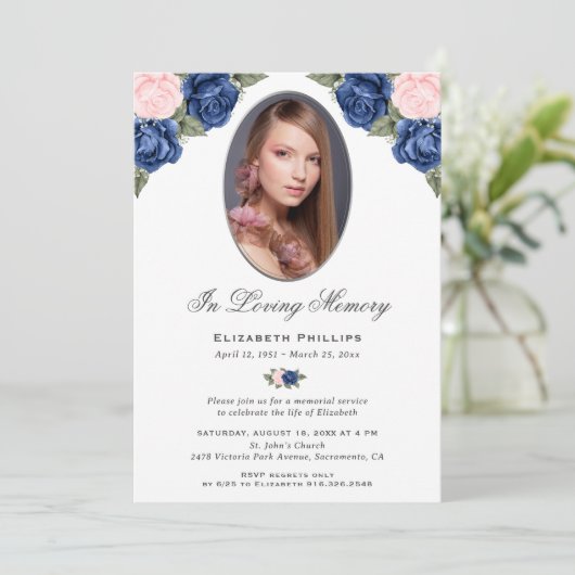 Pink Blue Silver Floral Foto Memberservice Einladung (Stehend Vorderseite)