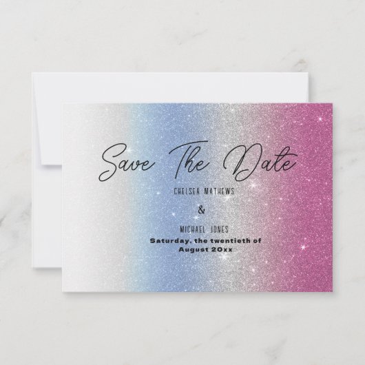 Pink blue silver ombre glam glitter Save The Date (Vorderseite)