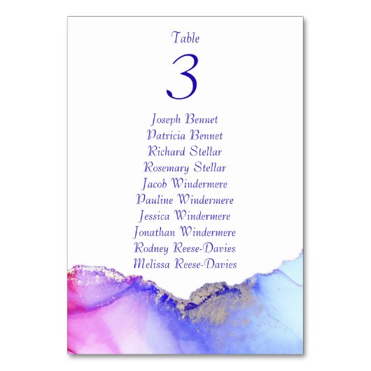 Pink Blue Silver Wedding Reception Tischnummer (Vorderseite)