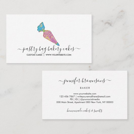 Pink Blue Sketch Konditorei Backbäckerei Visitenkarte (Vorne/Hinten)
