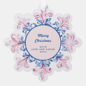 Pink & Blue Snowflake Foto Ornament Karte (Rückseite)