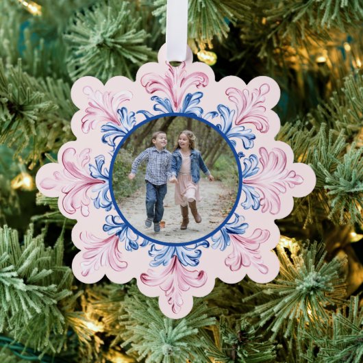 Pink & Blue Snowflake Foto Ornament Karte (Insitu (Baum))