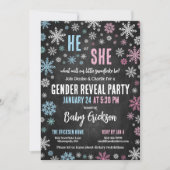 Pink Blue Snowflake He or She Winter Gender Reveal Einladung (Vorderseite)