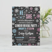 Pink Blue Snowflake He or She Winter Gender Reveal Einladung (Stehend Vorderseite)