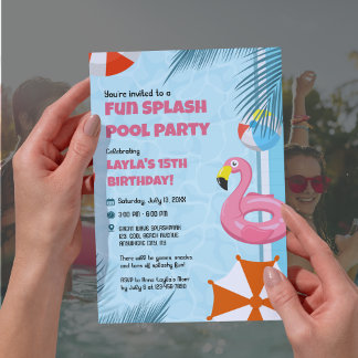 Pink & Blue Splash Pool Party Birthday Invitation Einladung
