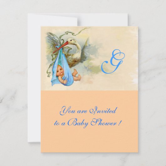 PINK BLUE STORK BABY BOY SHOWER MONOGRAM EINLADUNG (Vorderseite)