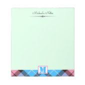 Pink Blue Tartan Personalisierter Script Monogram  Notizblock (Vorderseite)