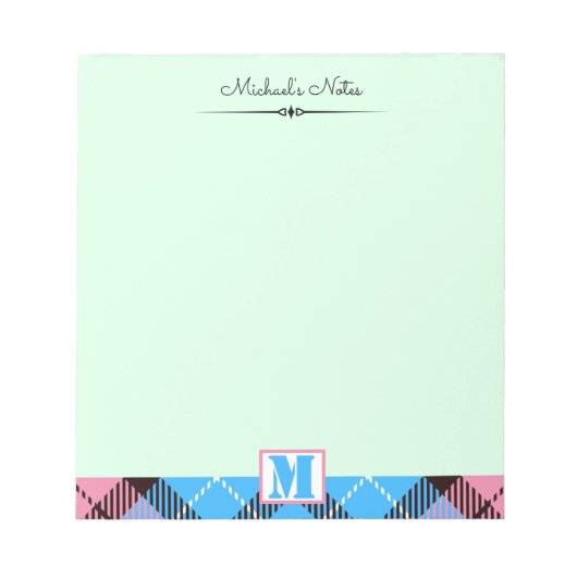 Pink Blue Tartan Personalisierter Script Monogram Notizblock (Vorderseite)
