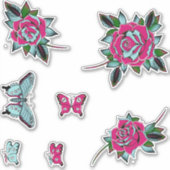 Pink Blue Tattoo Rose Schmetterlinge Aufkleber (Vorderseite)