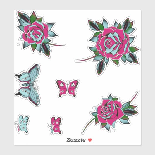 Pink Blue Tattoo Rose Schmetterlinge Aufkleber (Blatt)