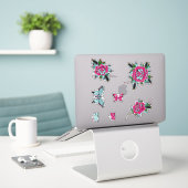 Pink Blue Tattoo Rose Schmetterlinge Aufkleber (Laptop auf Schreibtisch)