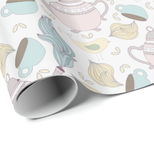 Pink Blue Teapots TeaCups Vögel auf Weiß Geschenkpapier (Rolleneckpunkt)