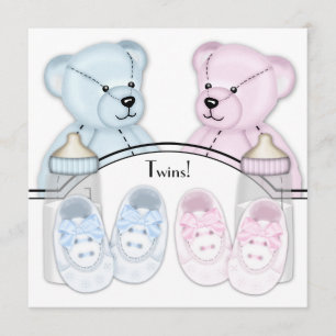 Pink Blue Teddy Bear Twin Baby Einladungen