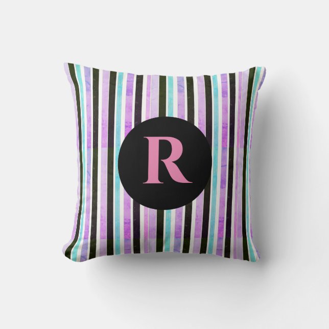 Pink Blue Texture Stripes Muster Mit Monogramm Kissen (Vorderseite)