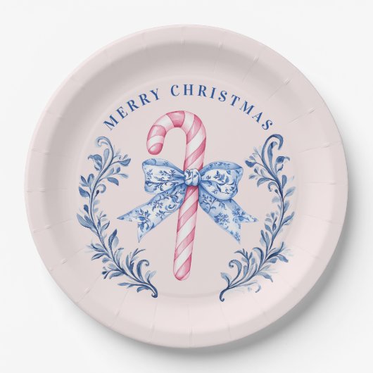 Pink & Blue Toile Wappen Candy Cane Pappteller (Vorderseite)
