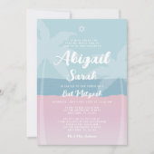 Pink Blue Tropical Beach Palm Trees Bat Mitzvah Einladung (Vorderseite)