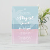 Pink Blue Tropical Beach Palm Trees Bat Mitzvah Einladung (Stehend Vorderseite)