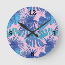 Pink Blue Tropical Palm Leaf Runde Wanduhr