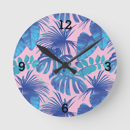 Pink Blue Tropical Palm Leaf Runde Wanduhr (Vorderseite)