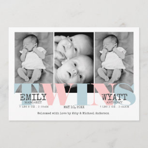 Pink   Blue Twins Baby Birth Ankündigung