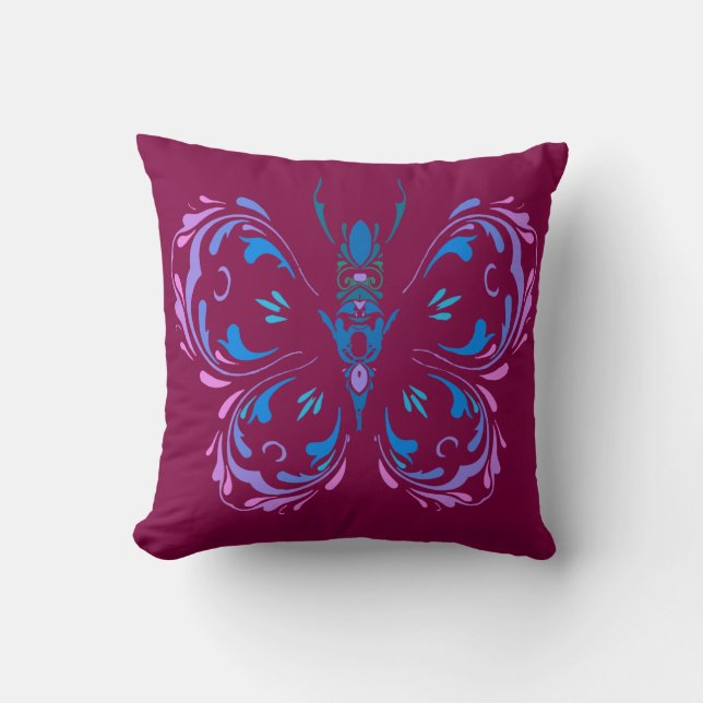 Pink Blue und Mauve Butterfly Cranberry Design Kissen (Vorderseite)
