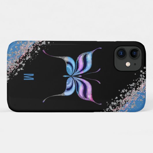 Pink Blue und Silver Glitterfly Monogramm Case-Mate iPhone Hülle (Rückseite (Horizontal))