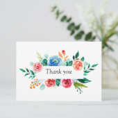Pink Blue Watercolor Blume Grüne Hochzeit Dankeskarte (Stehend Vorderseite)