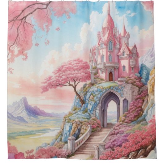 Pink Blue Watercolor Fantasy Castle Duschvorhang (Vorderseite)