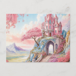 Pink Blue Watercolor Fantasy Castle Postkarte