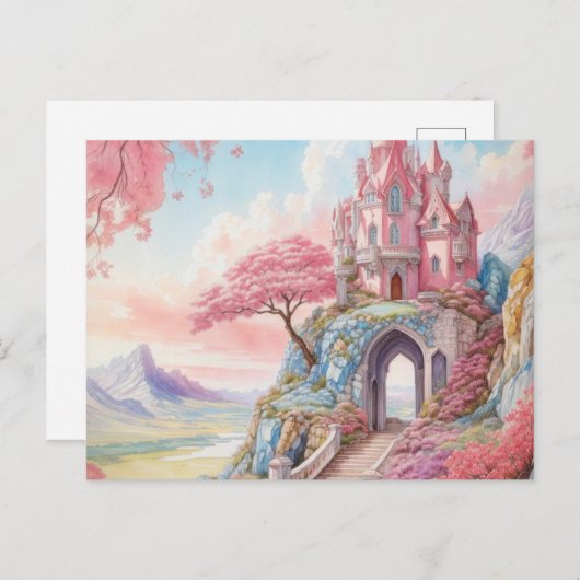 Pink Blue Watercolor Fantasy Castle Postkarte (Vorne/Hinten)