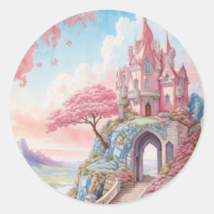 Pink Blue Watercolor Fantasy Castle Runder Aufkleber