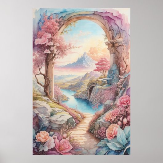 Pink Blue Watercolor Fantasy Landschaft Poster (Vorne)