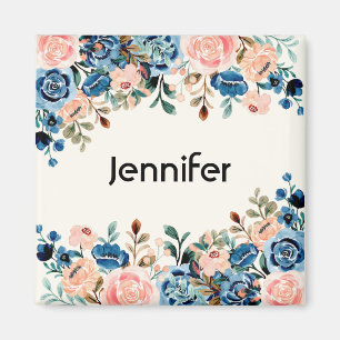 Pink & Blue Watercolor Flowers Magnet