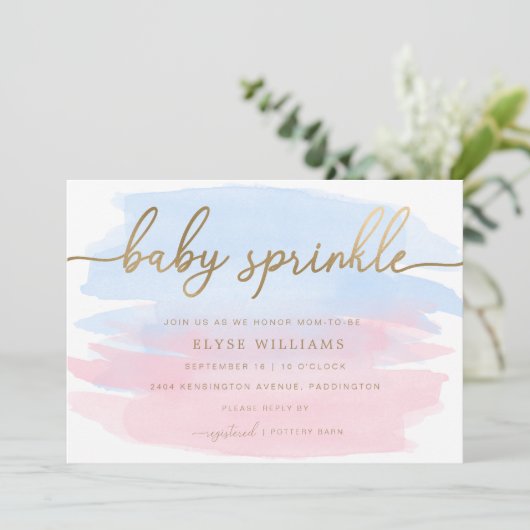 Pink Blue Watercolor Gold Baby Sprinkle Einladung (Stehend Vorderseite)