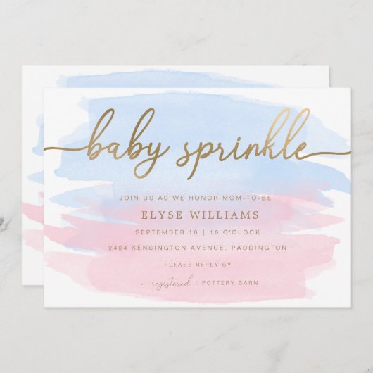 Pink Blue Watercolor Gold Baby Sprinkle Einladung (Vorne/Hinten)