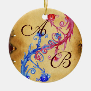 PINK BLUE WEDD WIRBEL PARCHMENT GEM MONOGRAM KERAMIKORNAMENT