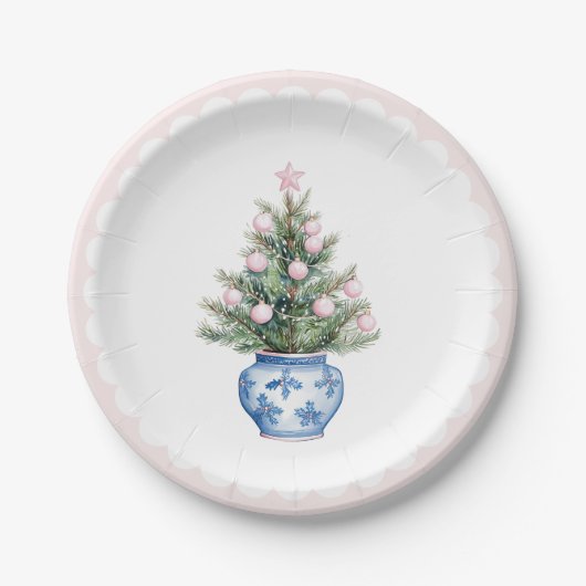 Pink & Blue Weihnachtsbaum W Scallop Border Pappteller (Vorderseite)