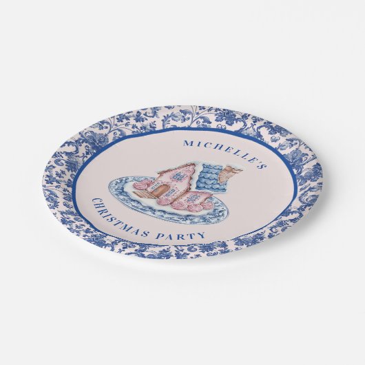 Pink & Blue Weihnachtsgingerbrot W/ Damask Border Pappteller (Schrägansicht)